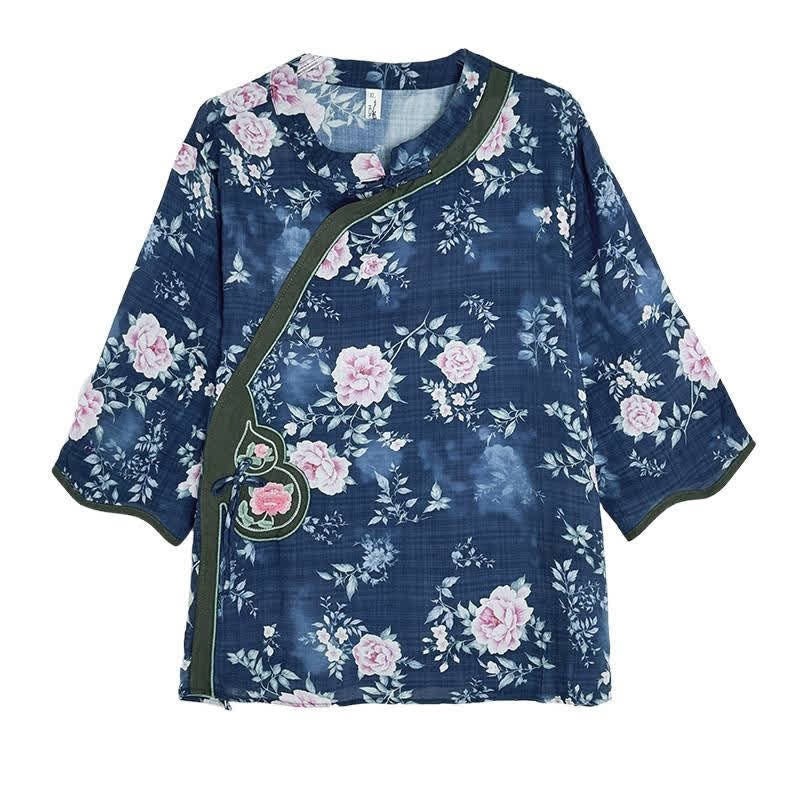 Nimara Ritual Summer Casual Tang Style Frog Button Pink Peony Floral Women's Elbow-Length Sleeve Shirts