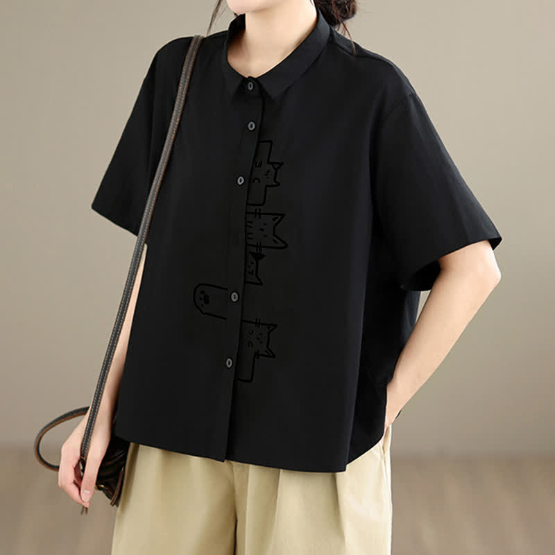 Nimara Ritual Summer Casual Minimalist Button-Up Cat Embroidery Women's Short Sleeve Shirts
