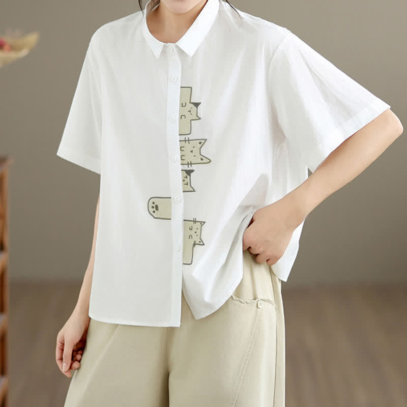 Nimara Ritual Summer Casual Minimalist Button-Up Cat Embroidery Women's Short Sleeve Shirts