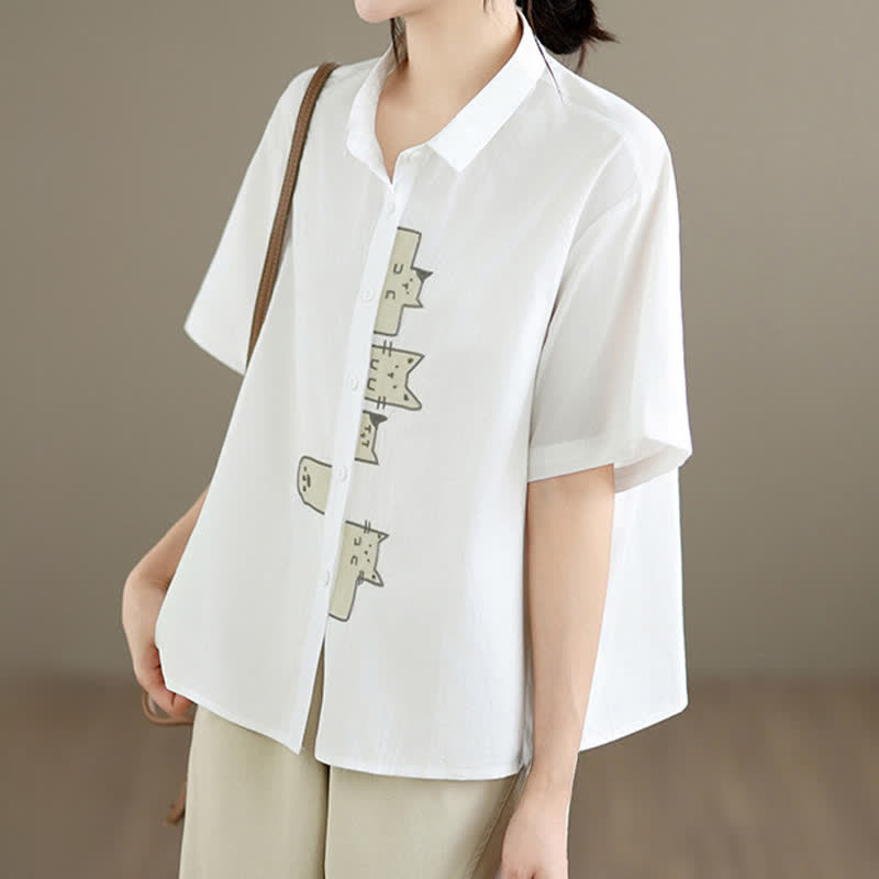 Nimara Ritual Summer Casual Minimalist Button-Up Cat Embroidery Women's Short Sleeve Shirts