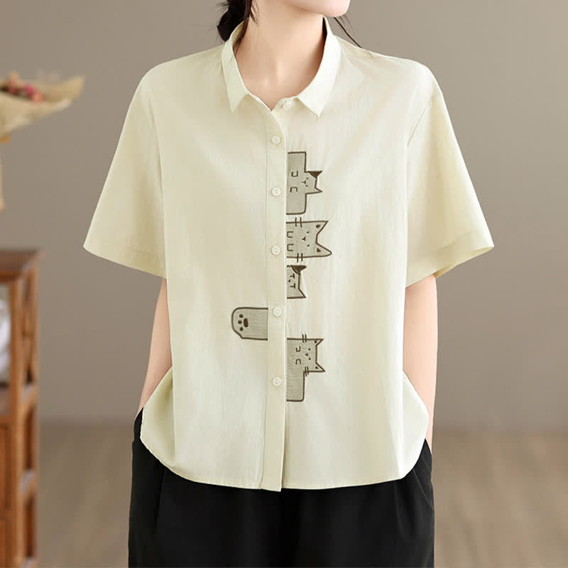 Nimara Ritual Summer Casual Minimalist Button-Up Cat Embroidery Women's Short Sleeve Shirts