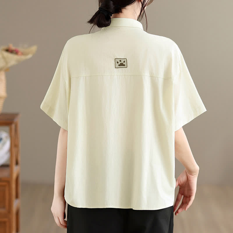 Nimara Ritual Summer Casual Minimalist Button-Up Cat Embroidery Women's Short Sleeve Shirts
