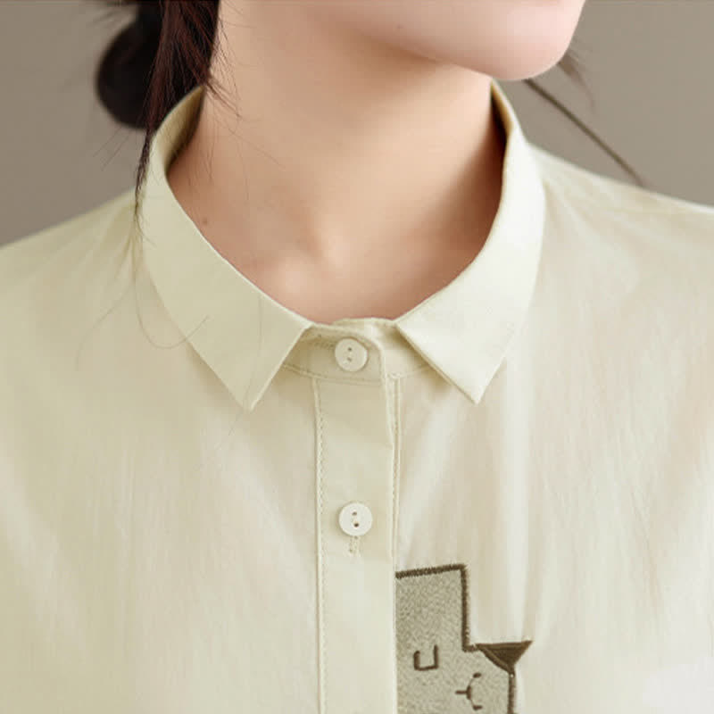Nimara Ritual Summer Casual Minimalist Button-Up Cat Embroidery Women's Short Sleeve Shirts