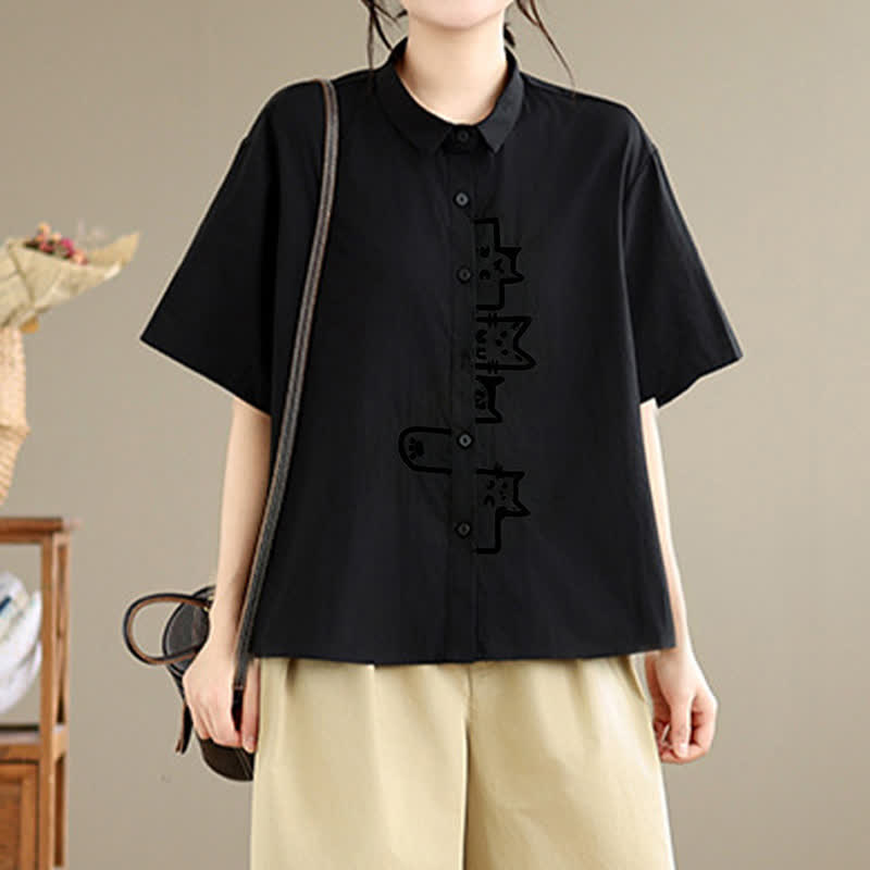 Nimara Ritual Summer Casual Minimalist Button-Up Cat Embroidery Women's Short Sleeve Shirts