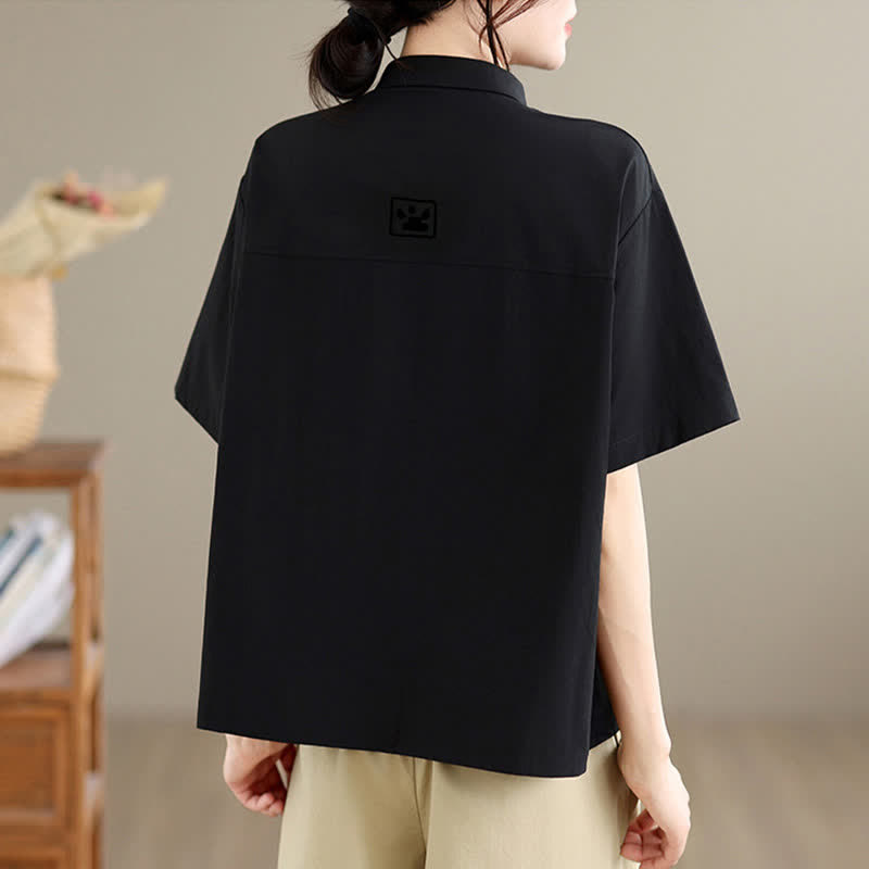 Nimara Ritual Summer Casual Minimalist Button-Up Cat Embroidery Women's Short Sleeve Shirts