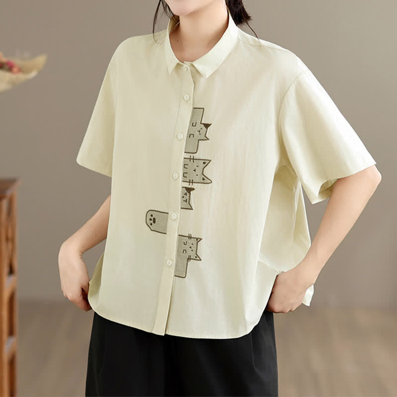 Nimara Ritual Summer Casual Minimalist Button-Up Cat Embroidery Women's Short Sleeve Shirts