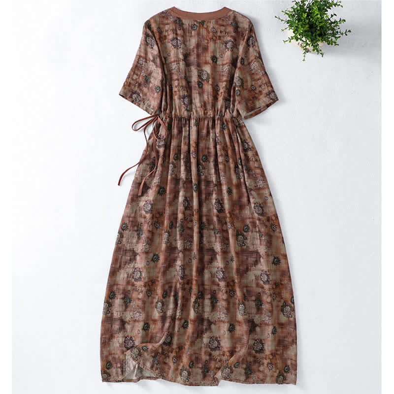 Nimara Ritual Summer Vintage Drawstring Floral V-Neck Women's Short Sleeve Dress With Pocket