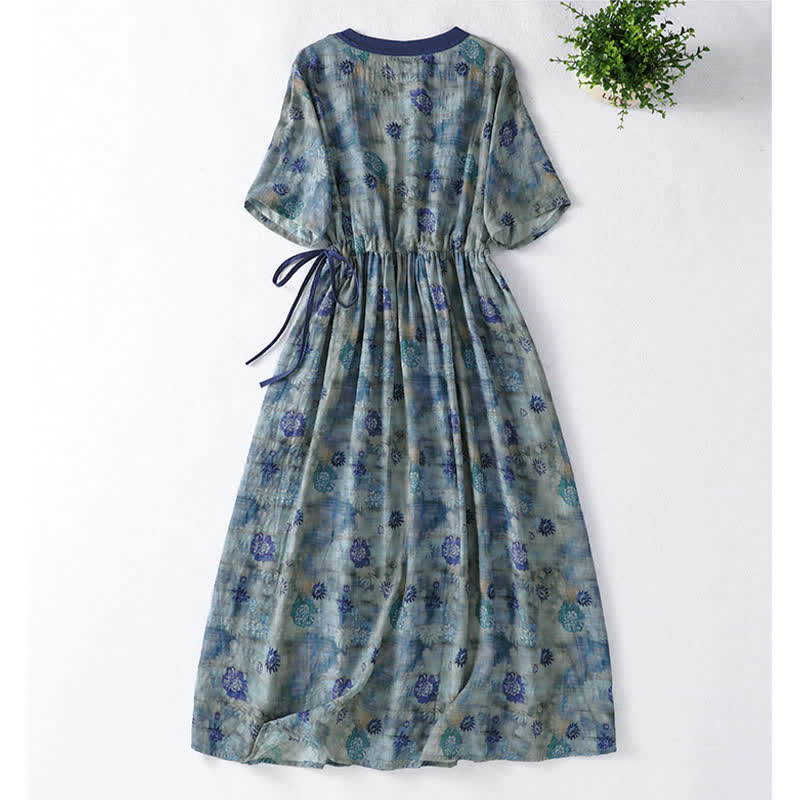 Nimara Ritual Summer Vintage Drawstring Floral V-Neck Women's Short Sleeve Dress With Pocket