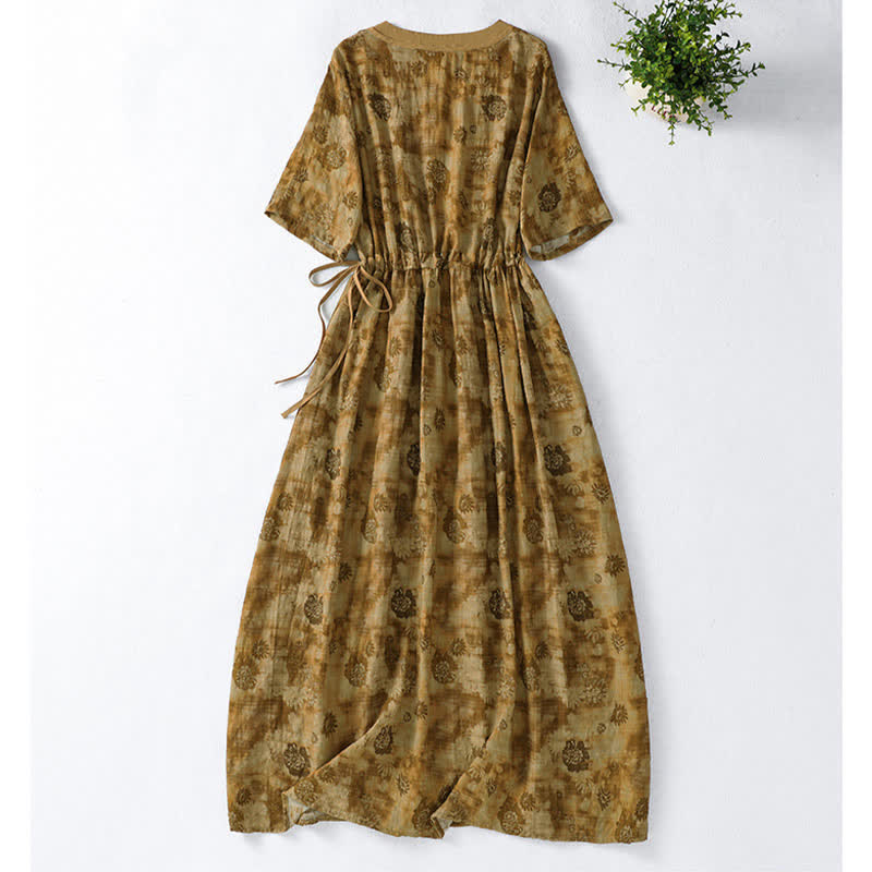 Nimara Ritual Summer Vintage Drawstring Floral V-Neck Women's Short Sleeve Dress With Pocket