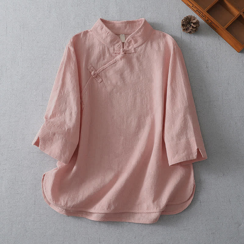Nimara Ritual Summer Tang Style Casual Mandarin Collar Solid Women's Elbow-Length Sleeve Shirts