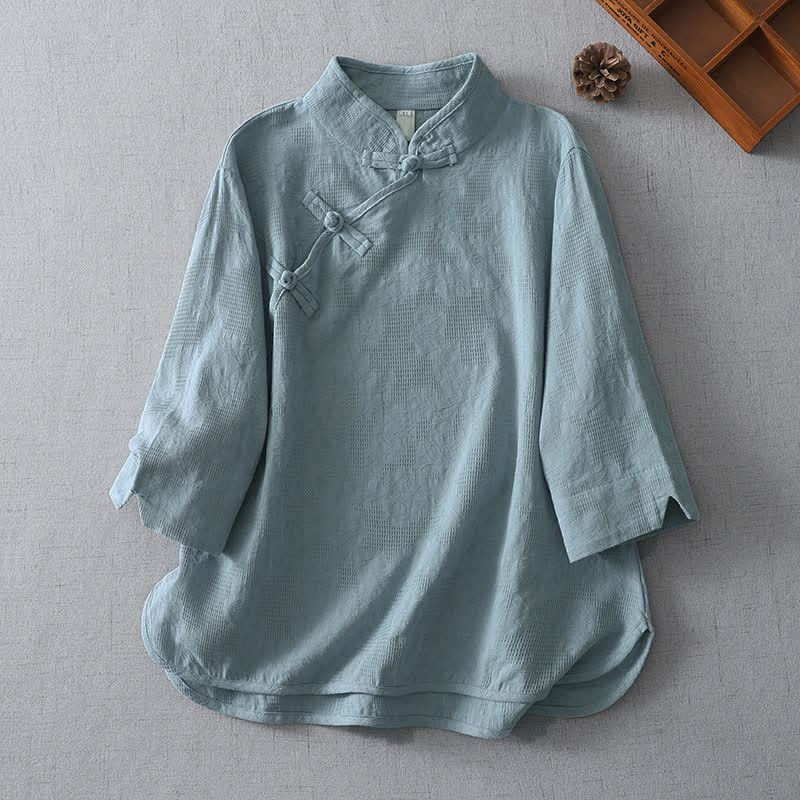 Nimara Ritual Summer Tang Style Casual Mandarin Collar Solid Women's Elbow-Length Sleeve Shirts