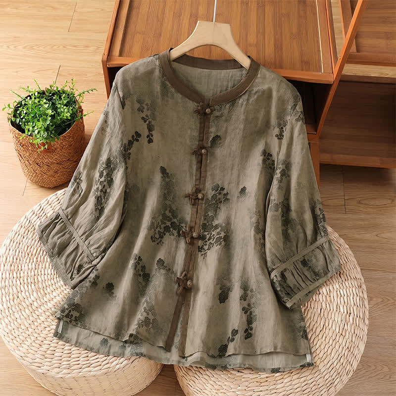 Nimara Ritual Summer Vintage Tang Style Mandarin Collar Floral Leaves Women's Short Sleeve Shirts