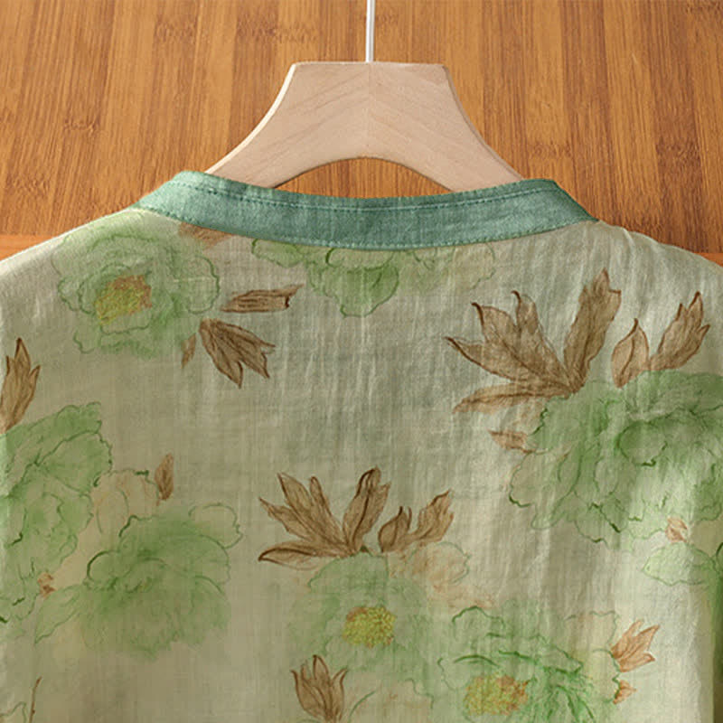 Nimara Ritual Summer Vintage Tang Style Mandarin Collar Floral Leaves Women's Short Sleeve Shirts