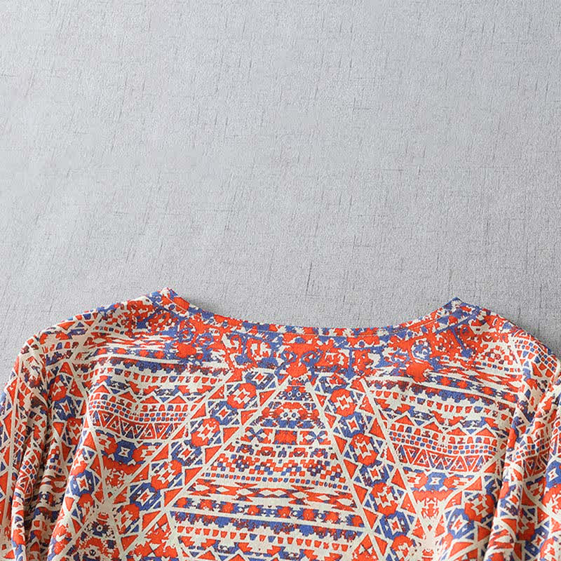 Nimara Ritual Summer Boho Vintage Red Geometric V-Neck Women's Long Sleeve T-Shirt