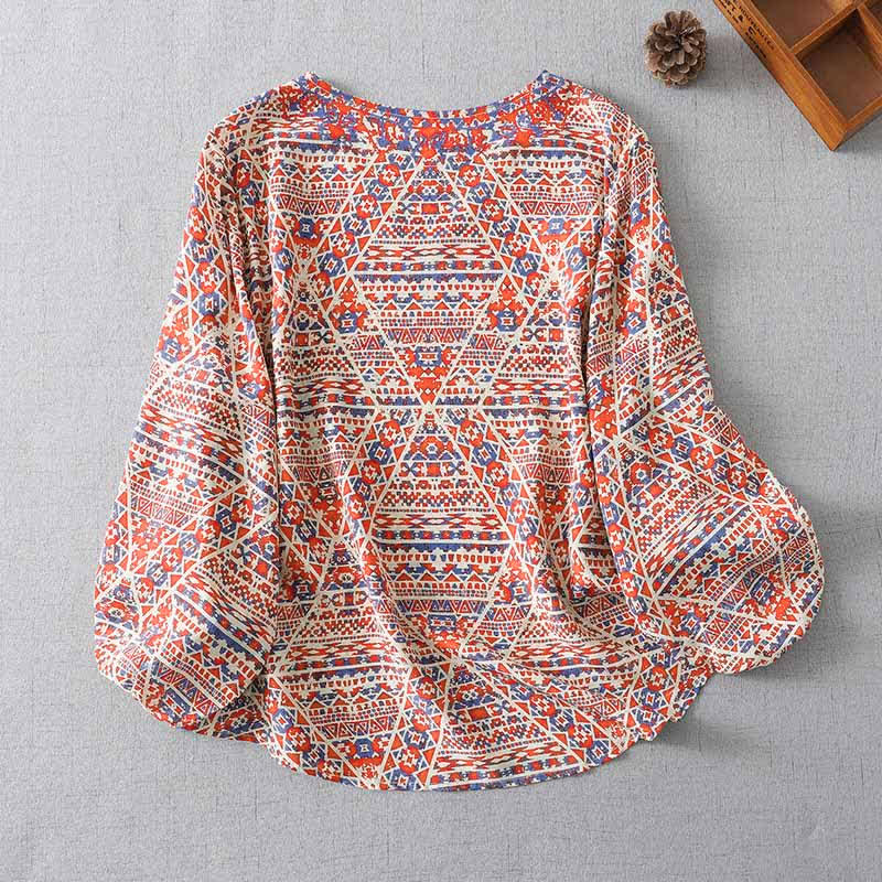 Nimara Ritual Summer Boho Vintage Red Geometric V-Neck Women's Long Sleeve T-Shirt