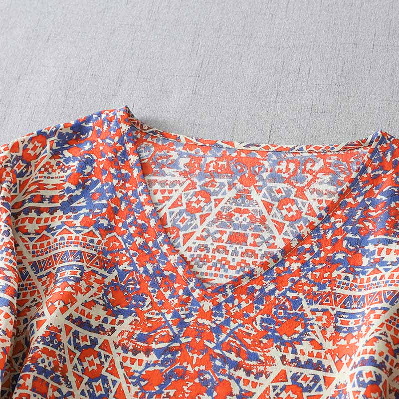 Nimara Ritual Summer Boho Vintage Red Geometric V-Neck Women's Long Sleeve T-Shirt