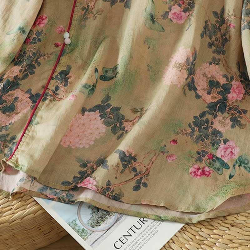 Nimara Ritual Summer Tang Style Vintage Mandarin Collar Pink Rose Floral Women's Elbow-Length Sleeve Shirts