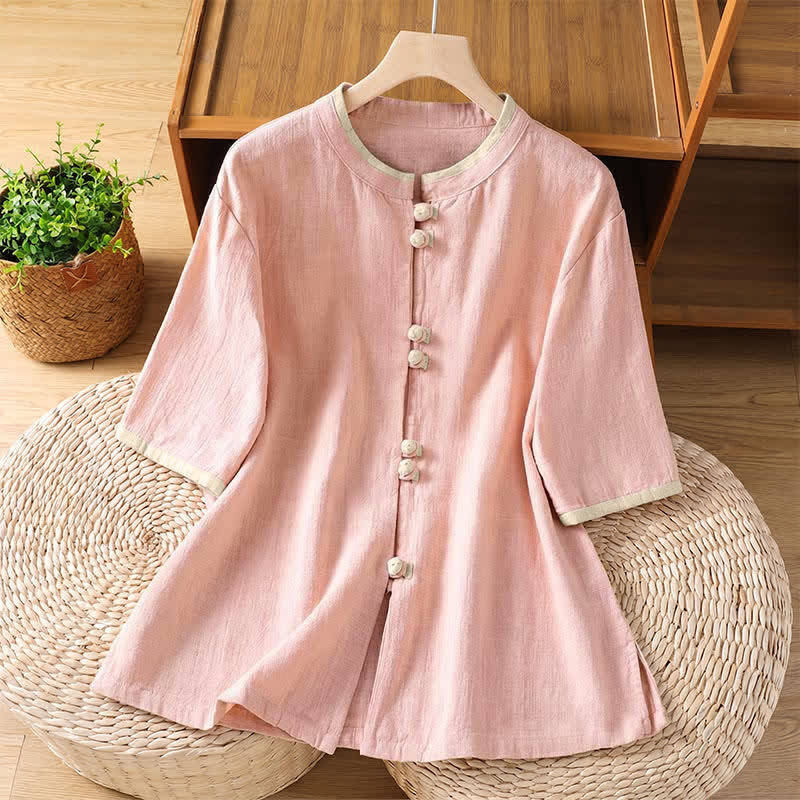 Nimara Ritual Summer Tang Style Vintage Frog Button Crew Neck Contrast Women's Short Sleeve Shirts