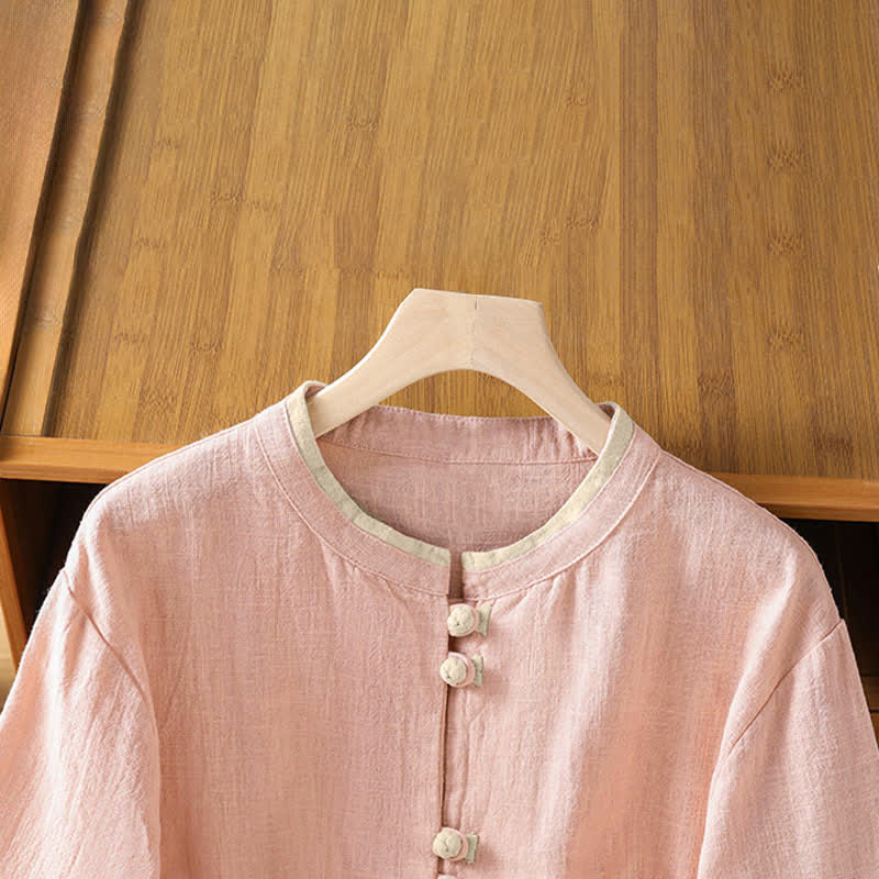 Nimara Ritual Summer Tang Style Vintage Frog Button Crew Neck Contrast Women's Short Sleeve Shirts