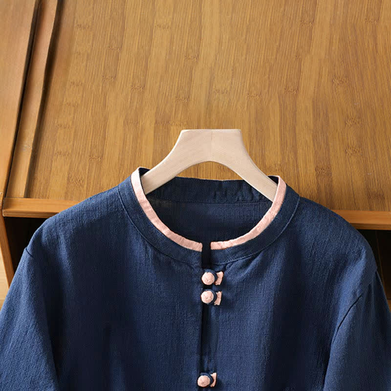 Nimara Ritual Summer Tang Style Vintage Frog Button Crew Neck Contrast Women's Short Sleeve Shirts