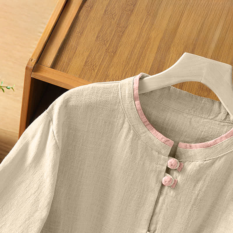 Nimara Ritual Summer Tang Style Vintage Frog Button Crew Neck Contrast Women's Short Sleeve Shirts