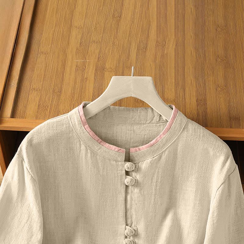 Nimara Ritual Summer Tang Style Vintage Frog Button Crew Neck Contrast Women's Short Sleeve Shirts