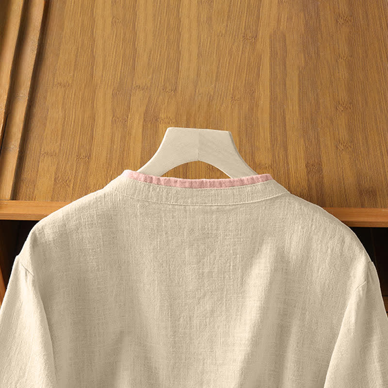 Nimara Ritual Summer Tang Style Vintage Frog Button Crew Neck Contrast Women's Short Sleeve Shirts