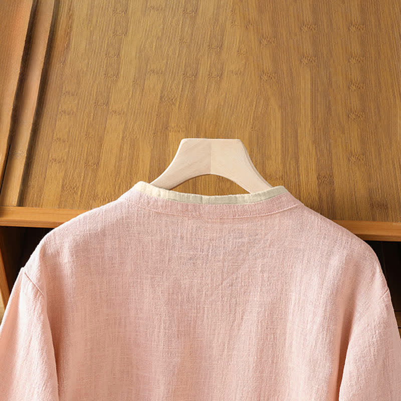 Nimara Ritual Summer Tang Style Vintage Frog Button Crew Neck Contrast Women's Short Sleeve Shirts