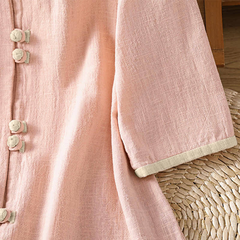 Nimara Ritual Summer Tang Style Vintage Frog Button Crew Neck Contrast Women's Short Sleeve Shirts