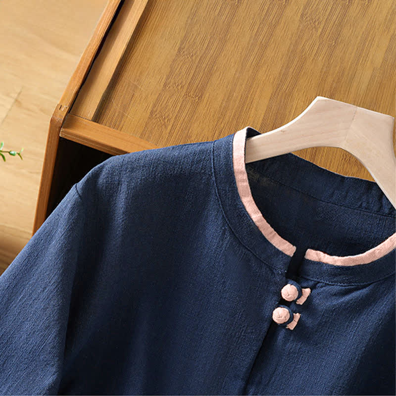 Nimara Ritual Summer Tang Style Vintage Frog Button Crew Neck Contrast Women's Short Sleeve Shirts