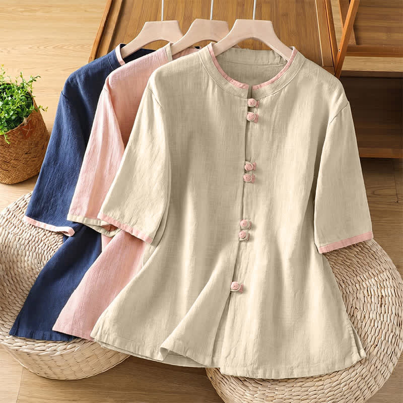 Nimara Ritual Summer Tang Style Vintage Frog Button Crew Neck Contrast Women's Short Sleeve Shirts