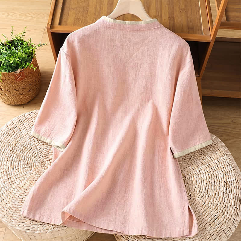 Nimara Ritual Summer Tang Style Vintage Frog Button Crew Neck Contrast Women's Short Sleeve Shirts