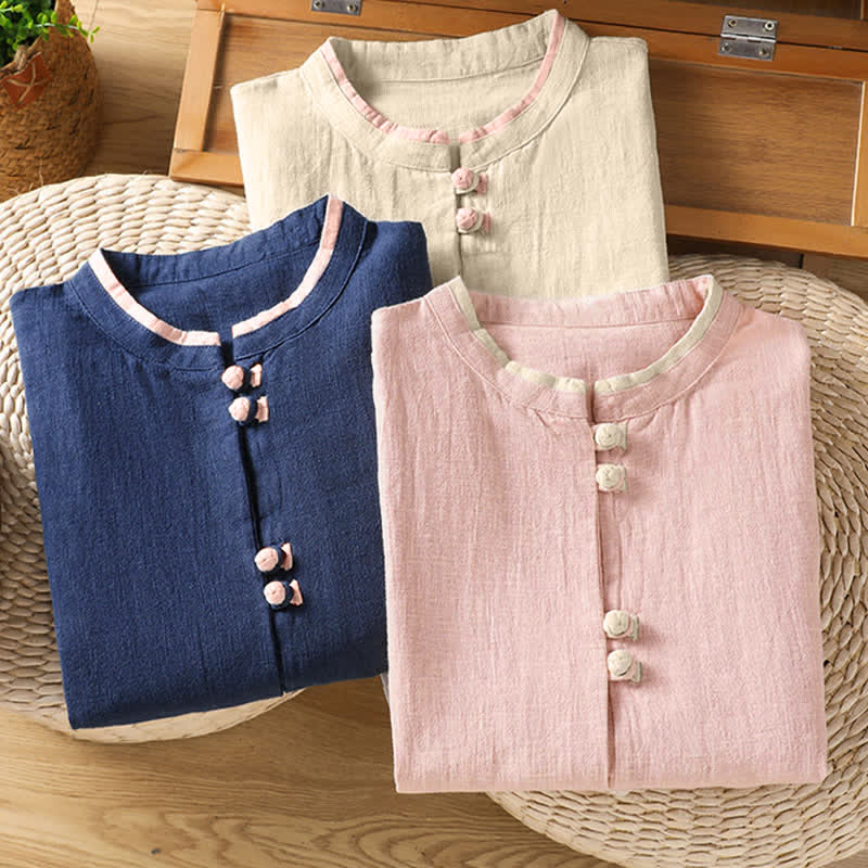 Nimara Ritual Summer Tang Style Vintage Frog Button Crew Neck Contrast Women's Short Sleeve Shirts