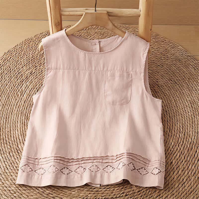 Nimara Ritual Summer Casual Vintage Geometric Tank Top Hollow Hem Back Buttons Women's Sleeveless Shirts With Patch Pocket