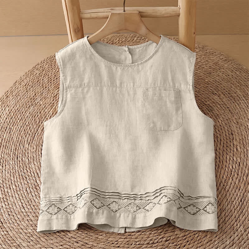 Nimara Ritual Summer Casual Vintage Geometric Tank Top Hollow Hem Back Buttons Women's Sleeveless Shirts With Patch Pocket