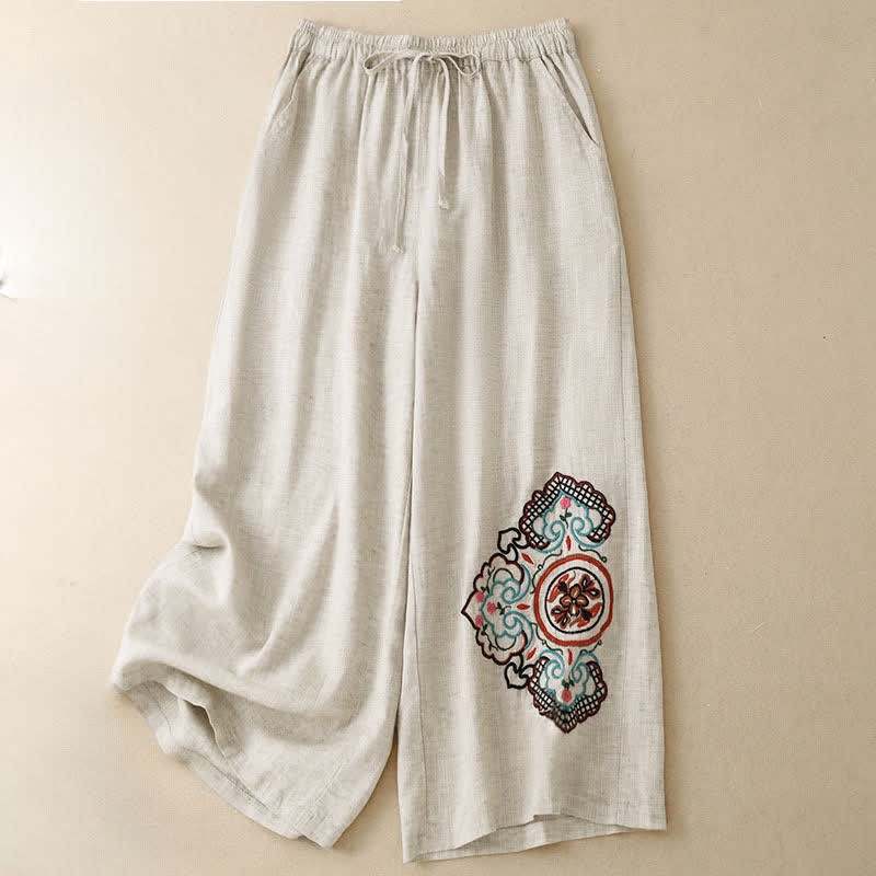 Nimara Ritual Summer Casual Embroidery Floral Capri Pants Women's Wide Leg Pants With Pocket