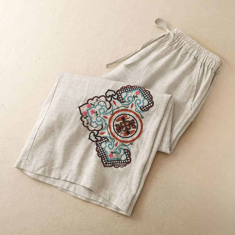 Nimara Ritual Summer Casual Embroidery Floral Capri Pants Women's Wide Leg Pants With Pocket