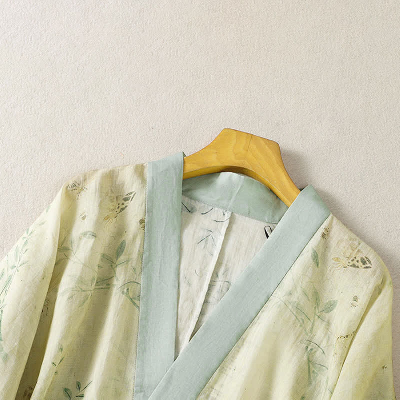Nimara Ritual Summer Casual Vintage Drawstring V-Neck Floral Contrast Trim Three-Quarter Sleeve Women's Kimono