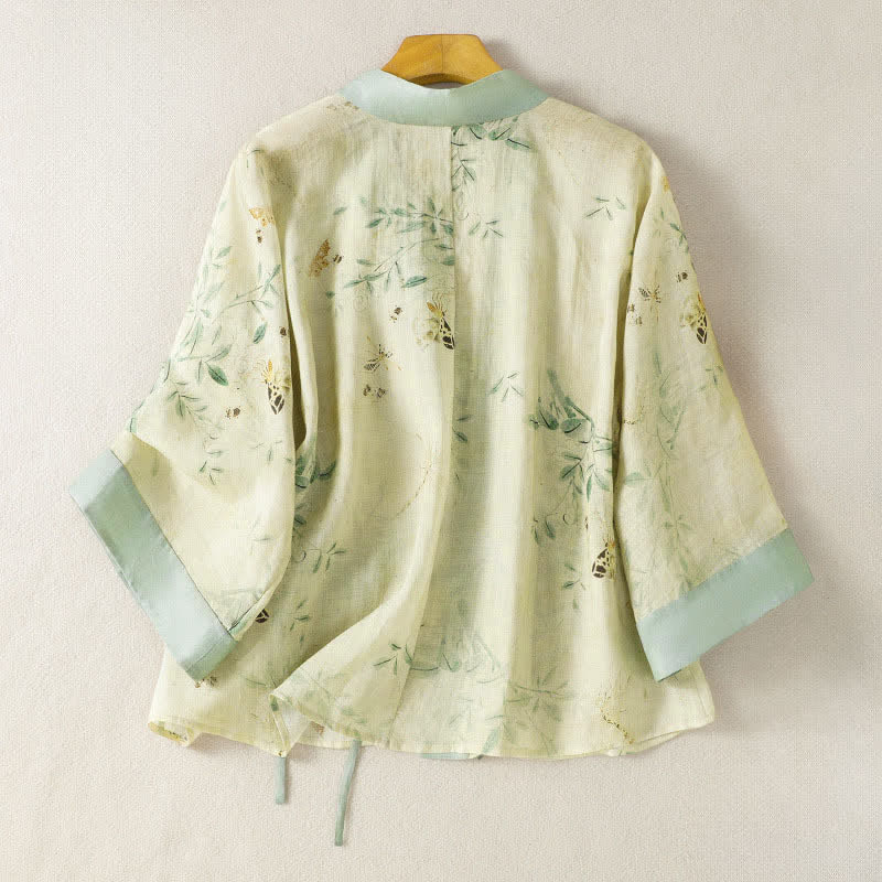 Nimara Ritual Summer Casual Vintage Drawstring V-Neck Floral Contrast Trim Three-Quarter Sleeve Women's Kimono