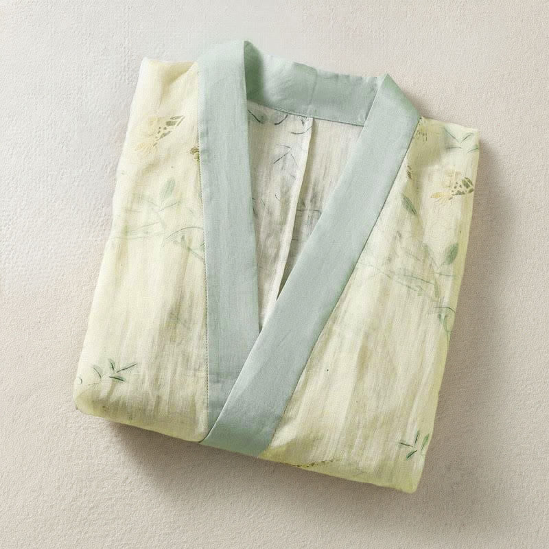 Nimara Ritual Summer Casual Vintage Drawstring V-Neck Floral Contrast Trim Three-Quarter Sleeve Women's Kimono