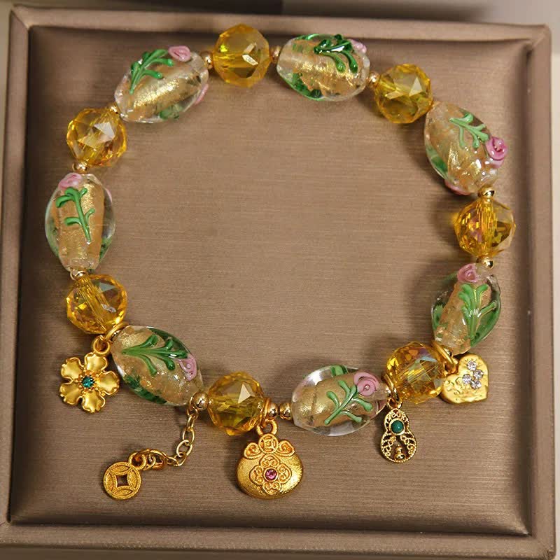 Nimara Ritual Yellow Liuli Faceted Money Bag Copper Coin Gourd Abundance Charm Chinese Style Bracelet