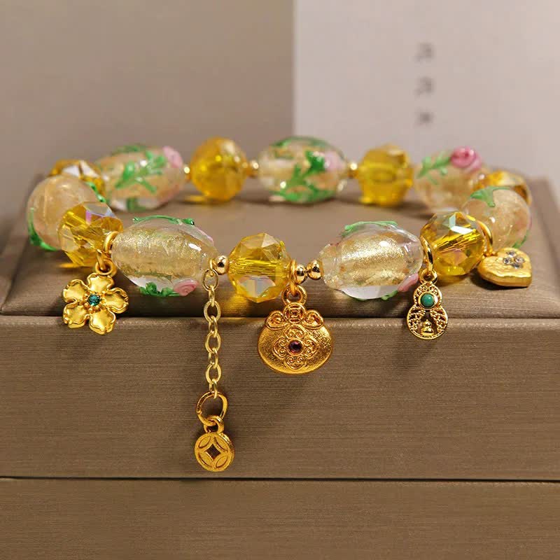 Nimara Ritual Yellow Liuli Faceted Money Bag Copper Coin Gourd Abundance Charm Chinese Style Bracelet