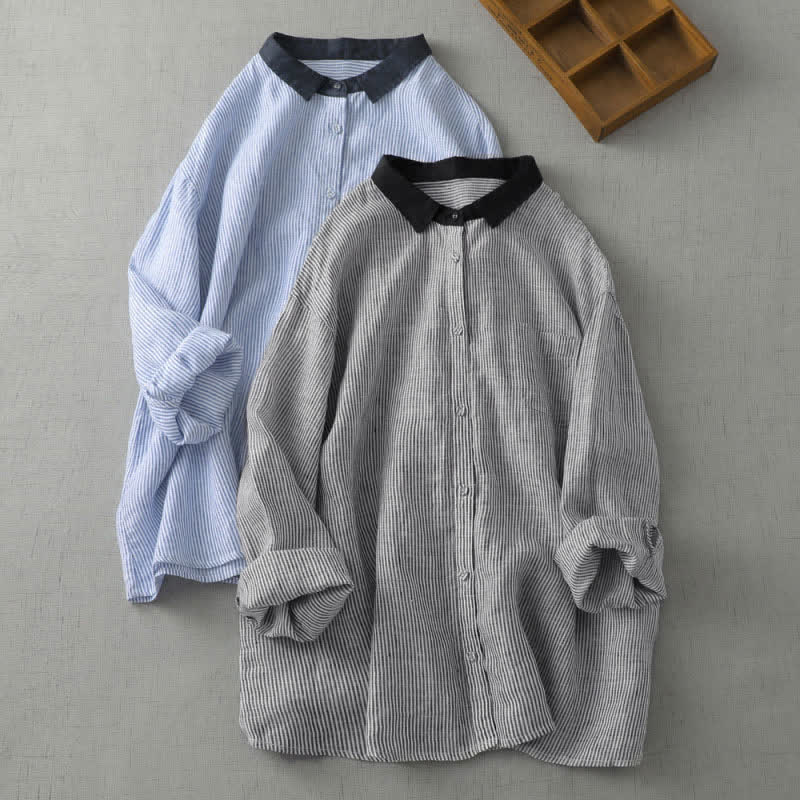 Nimara Ritual Summer Casual Tang Style Button-Up Striped Women's Long Sleeve Shirts With Pocket