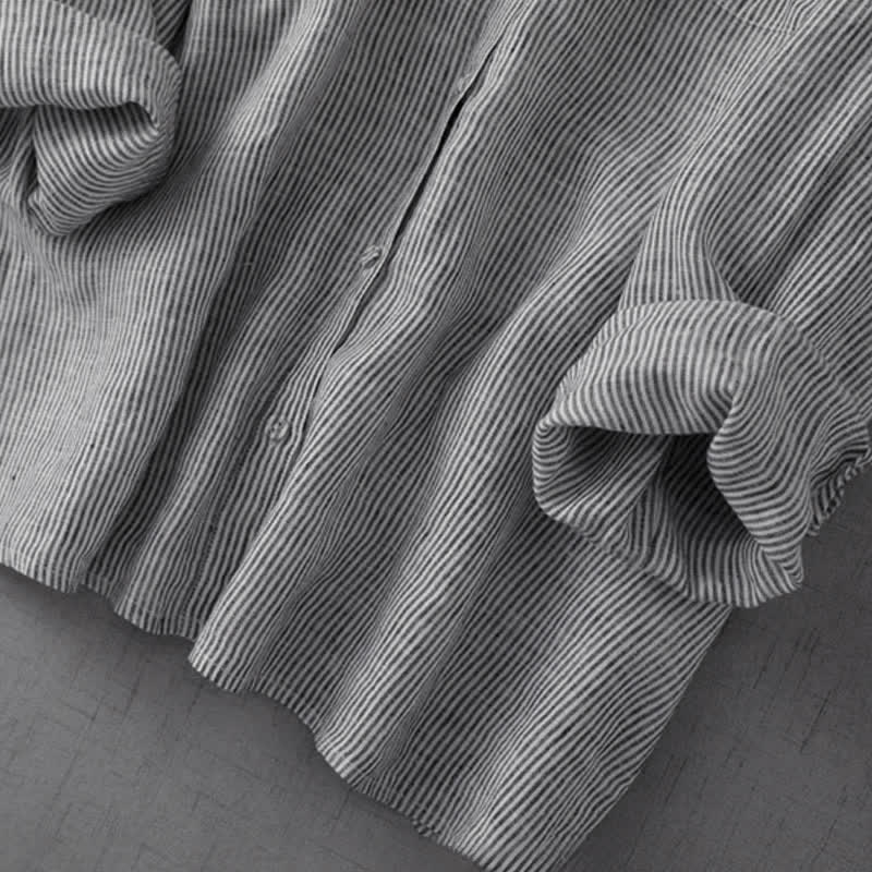 Nimara Ritual Summer Casual Tang Style Button-Up Striped Women's Long Sleeve Shirts With Pocket