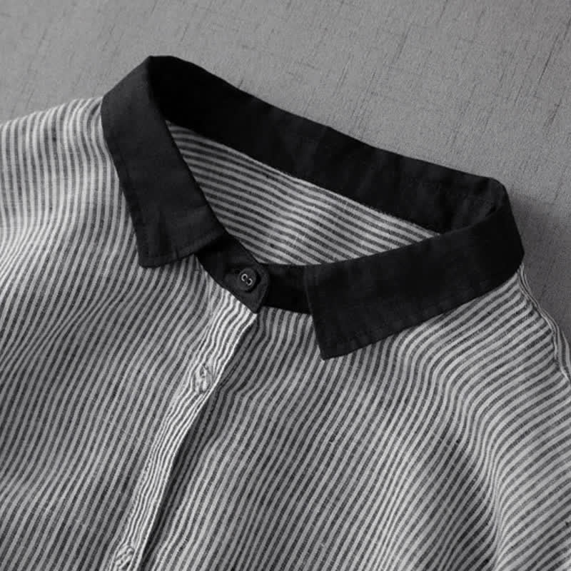 Nimara Ritual Summer Casual Tang Style Button-Up Striped Women's Long Sleeve Shirts With Pocket