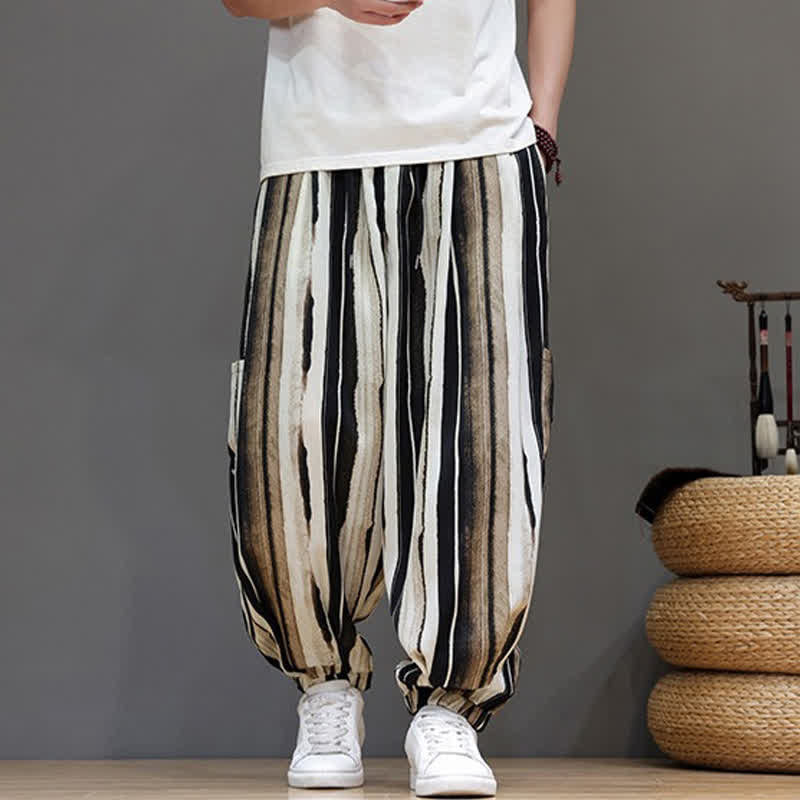 Nimara Ritual Summer Casual Boho Patch Pocket Striped Cropped Pants Men's Harem Pants With Pocket