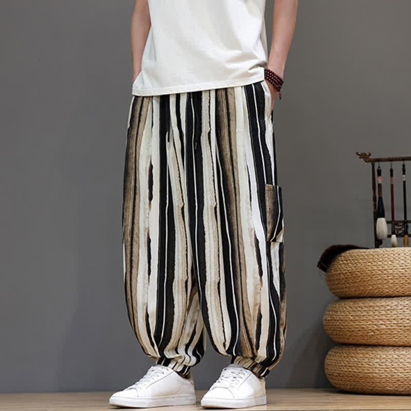 Nimara Ritual Summer Casual Boho Patch Pocket Striped Cropped Pants Men's Harem Pants With Pocket