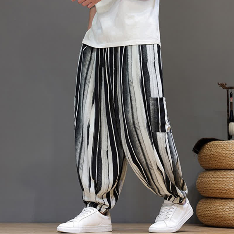 Nimara Ritual Summer Casual Boho Patch Pocket Striped Cropped Pants Men's Harem Pants With Pocket