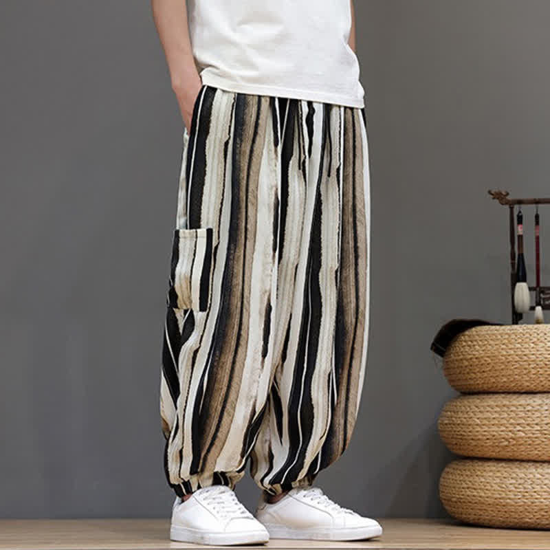 Nimara Ritual Summer Casual Boho Patch Pocket Striped Cropped Pants Men's Harem Pants With Pocket