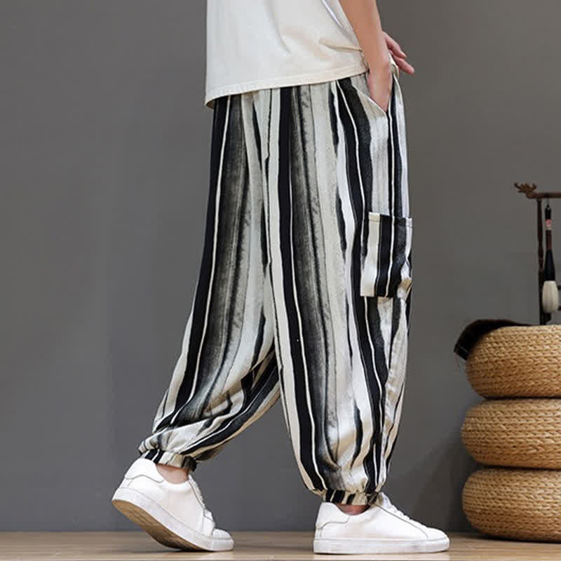 Nimara Ritual Summer Casual Boho Patch Pocket Striped Cropped Pants Men's Harem Pants With Pocket